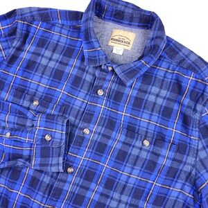 Roebuck & Co Flannel Shirt Mens L Blue Plaid Long Sleeve Cotton Outdoors Cabin
